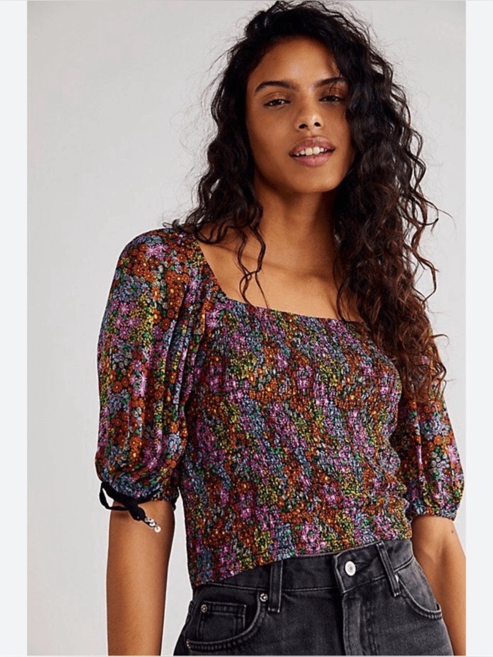 Floral Puff-Sleeve Crop Top in Multi Colors
